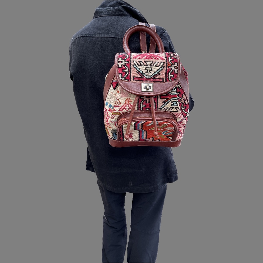 Vintage Turkish Kilim and Leather Backpack/Shoulder Bag